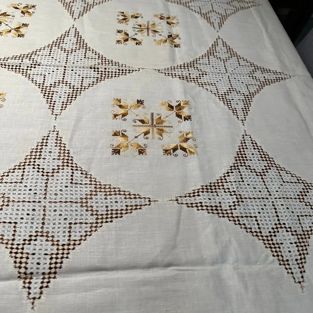Vintage Hand-Stitched Irish Linen Tablecloth Cream Gold 63